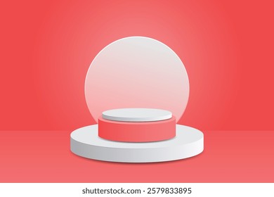 A tiered podium in red and white, set against a backdrop of glowing circles, creates a minimalist and elegant look.