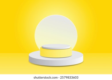 A tiered podium in yellow and white, set against a backdrop of glowing circles, creates a minimalist and elegant look.