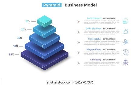 Tiered pyramid diagram with 5 segments or layers and percentage indication. Concept of five levels of hierarchy. Modern infographic design template. Vector illustration for presentation, brochure.