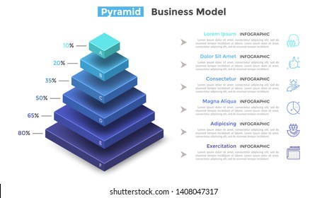 Tiered pyramid diagram with 6 segments or layers and percentage indication. Concept of six levels of hierarchy. Modern infographic design template. Vector illustration for presentation, brochure.