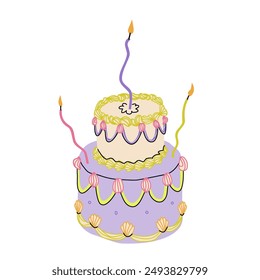 Tiered ruffle cake with curved candles in coquett trendy style. Flat vector illustration isolated on white background