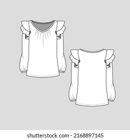 Tiered Ruffles Long Sleeve Top V Nackenholzbeschriftung Fashion Top-Bluse flache Sketch-Design Vektordesign