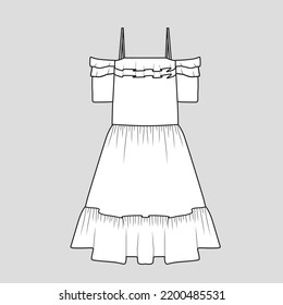 Tiered ruffles Off Shoulder Strap Dress Waist Gathering ruffles hem dresses Fashion drawing cad  flat sketch template