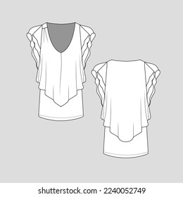 Gestreifte Ruffles Top V Neck Flounce Layered Ruffle Fashion Cad Flach Sketch technische Zeichnung Vorlage Vektorgrafik