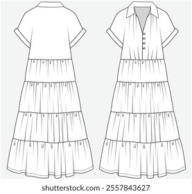 TIERED SHIRT DRESS WITH MAGYAR SLEEVES DETAIL DESIGNED FOR YOUNG WOMEN AND WOMEN IN VECTOR FILE