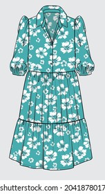 TIERED SHIRT DRESS WITH PUFF SLEEVES FOR WOMEN AND GIRLS  WITH RETRO PRINT IN EDITABLE VECTOR FILE