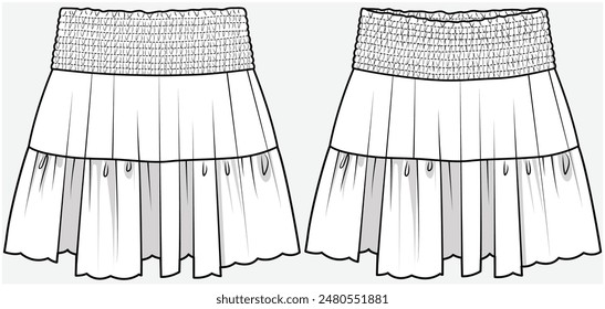 TIERED SKIRT WITH SMOCKING WAIST DEAIL DESIGNED FOR TEEN GIRLS AND KID GIRLS IN VECTOR FILE