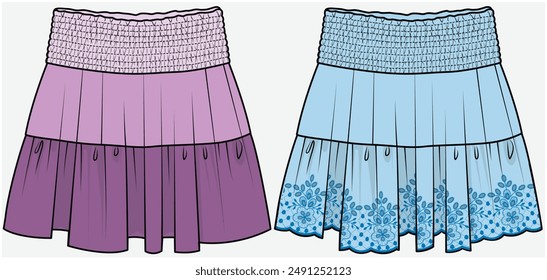 TIERED SKIRT WITH SMOCKING WAIST DEAIL DESIGNED FOR TEEN GIRLS AND KID GIRLS IN VECTOR FILE