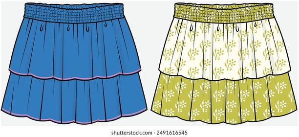 TIERED SKIRT WITH SMOCKING WAIST DETAIL DESIGNED FOR TEEN GIRLS AND KID GIRLS IN VECTOR FILE