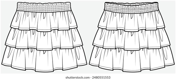 TIERED SKIRT WITH THREE LAYERS DETAIL DESIGNED FOR TEEN GIRLS AND KID GIRLS IN VECTOR FILE