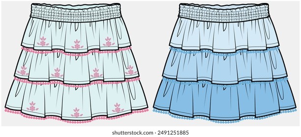 TIERED SKIRT WITH THREE LAYERS DETAIL DESIGNED FOR TEEN GIRLS AND KID GIRLS IN VECTOR FILE