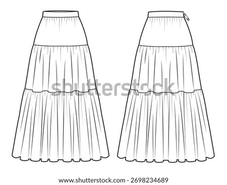 Tiered skirts front and back view vector mockup template technical technical line drawing.
