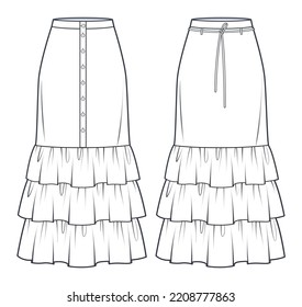 Tiered Skirts Technical Fashion Illustration Set Stock Vector (Royalty ...