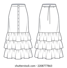 Tiered Skirts technical fashion illustration. Set of Skirts fashion flat sketch template, ruffled, maxi lengths, button up, zip up, front view, white, CAD mockup set.    