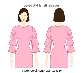Tiered sleeves clothes character beautiful lady in pink top, shirt, dress technical fashion illustration with 3-4 bracelet length. Flat apparel template front, back sides. Women, men unisex CAD mockup