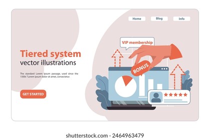 Tiered system concept. Hand selecting VIP membership and bonus on laptop. Elevation in user status. Experiencing exclusive benefits and rewards. Flat vector illustration.