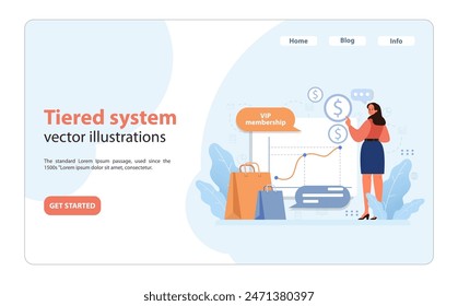 Tiered system concept. Woman analyzes financial growth, aiming for VIP membership in shopping platform. Navigating through customer levels, maximizing savings. Flat vector illustration