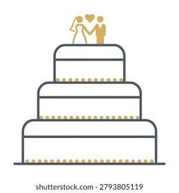 Tiered wedding cake with bride and groom topper marriage celebration ceremony reception tradition illustration isolated background culinary