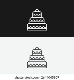 Tiered Wedding Cake or Celebration Cake on Black and White Backgrounds, Representing Events or Dessert, White Outline Icon
