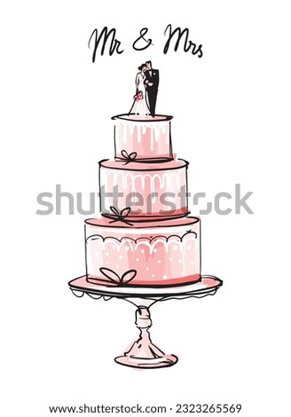 Tiered wedding cake with figurines of the bride and groom, Mr and Mrs. Classic decorated cake on a stand, linear fashion sketch line and watercolor. Wedding decorations. Vector illustration isolated o