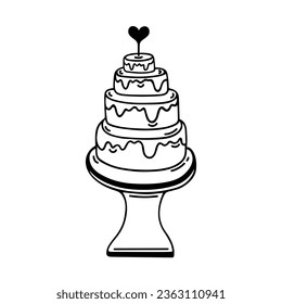 Tiered Hochzeitstorte Vektorsymbol. Lecker festlicher Kuchen mit Creme dekoriert mit einem Herz. Frische Backwaren auf einem Stand. Klassischer Vintage-Dessert für Verlobung, Ehe, Party. Doodle einzeln auf Weiß