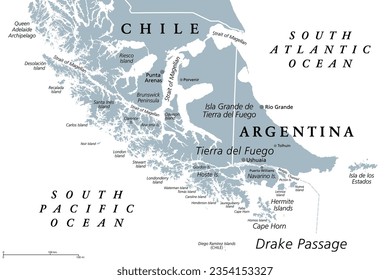 Tierra del Fuego, gray political map. Archipelago and southernmost tip of South America, across the Strait of Magellan, divided between Chile and Argentina. With Cape Horn, north of the Drake Passage.