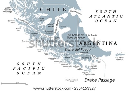 Tierra del Fuego, gray political map. Archipelago and southernmost tip of South America, across the Strait of Magellan, divided between Chile and Argentina. With Cape Horn, north of the Drake Passage.