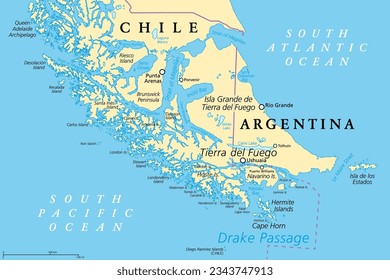 Tierra del Fuego, political map. Archipelago and southernmost tip of South America, across the Strait of Magellan, divided between Chile and Argentina. With Cape Horn, north of the Drake Passage.