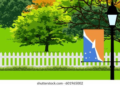 Tierra del Fuego Province - Argentina Flag, Landscape of Park, Trees, Fence wooden and Street light Vector Illustration 