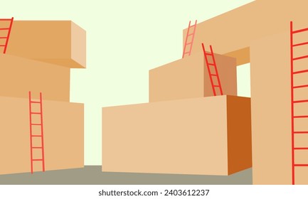 tiers of blocks with ladders, vector illustration symbolizing growth and advancement in work, progress and self-development