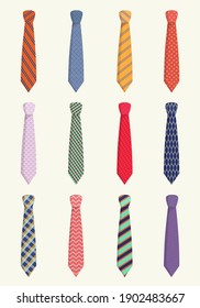 Ties for all occasions set. Trendy orange striped textiles with red checkers pink wavy with blue mesh and solid purple festive work piece clothing with elegant design. Vector cartoon style.