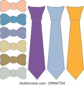 ties and Butterfly tie  in different colors on a white background