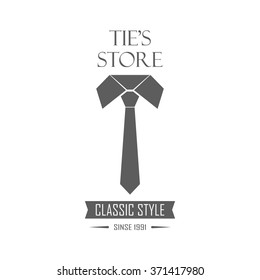 Tie's store logotype template. Isolated label of jeans store on white background. Use for men's clothing shop advertising, window signage, web sites. Clothing store emblem, badge. Vector illustration.