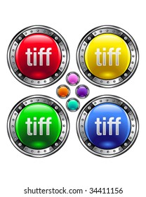 TIFF file extension icon on round colorful vector buttons suitable for use on websites, in print materials or in advertisements.  Set includes red, yellow, green, and blue versions.