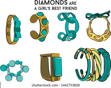 tiffany blue color Beautiful bracelet - jewelry set Fashion vector illustration vector  object isolated necklace 