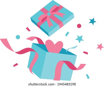 Tiffany blue Open colorful giftbox with confetti explosion, celebration, christmas present, star, heart, vector