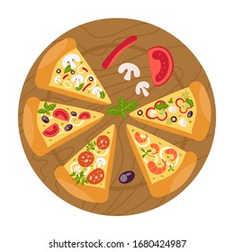 Tiposos tipos de pizza en rodajas en un plato. Margherita y pepperoni, vegetariano y mariscos. comida italiana con queso. Comida vegetariana. Ilustración vectorial aislada en estilo caricaturista