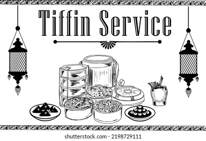 Tiffin Service logo, Indian Tiffin Service poster, Tiffin box sketch drawing, Line art vector illustration of Tiffin Service