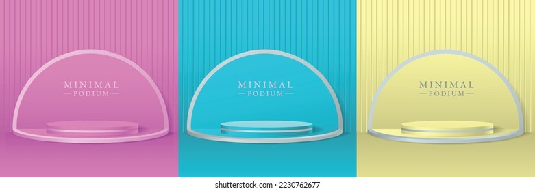 tiga Set ruang 3D abstrak dengan podium silinder realistis kuning, biru, merah. Tekstur setengah lingkaran di dinding. Bentuk geometri vektor. Tampilan produk. vektor eps 10