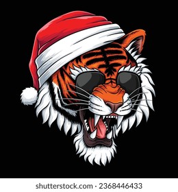 Tigar head wearing santa hat and eyeglasses vector illustration for your company or brand