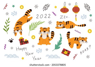 Tiger 2022. New year doodle illustrations with tiger. Happy New Year. Cute tigers. Vector.