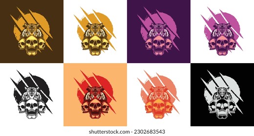 Tiger with 3 Skull Vector Design Illustration
