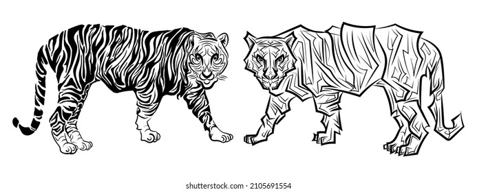 tiger abstract illustration black and white, unique style. Silhouette stripes. Vector Elements.
