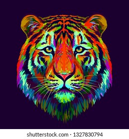 

Tiger. Abstract, multi-colored, hand-drawn portrait of a tiger looking ahead on a purple background.