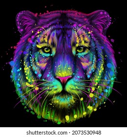 Tiger. Abstract, multi-colored, neon portrait of a tiger looking ahead in the style of pop art on a purple background. Digital vector graphics.