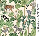 Tiger, African zebra, monkey, lemur animal, cockatoo parrot, banana tree, tropical palm, plant floral seamless pattern white background. Exotic botanical jungle wallpaper.