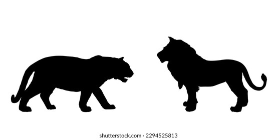 Tiger against lion vector silhouette illustration isolated on white background. Big dangerous cat from Asia vs animal king pride of Africa. Wildlife predator battle. Leo symbol. Strong powerful feline