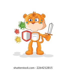 the tiger against viruses cartoon. cartoon mascot vector