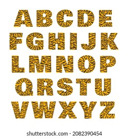 Tiger alphabet of bold letters for white and orange with black stripes. Capital chars