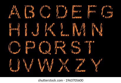Tiger alphabet, vector font with wild pattern vector illustration isolated on black background. Animal words print background, tiger letters sign.